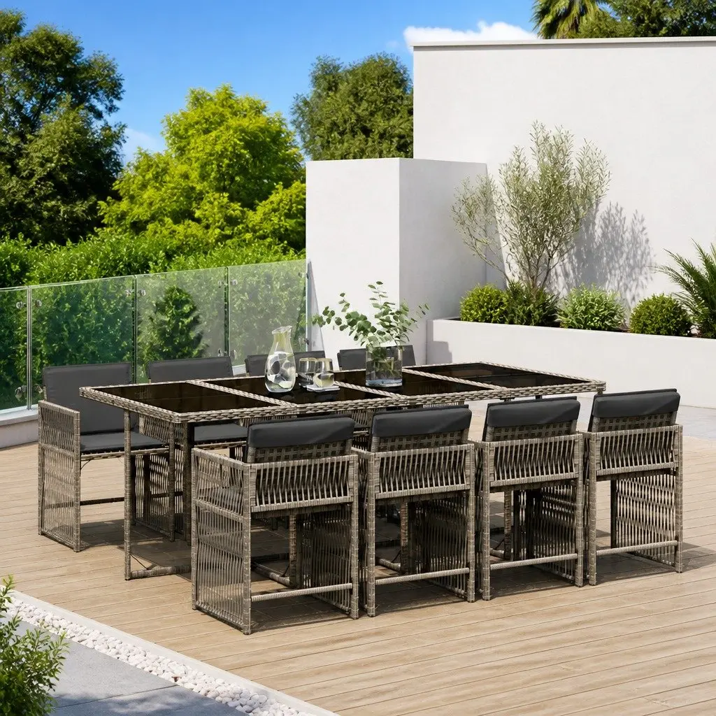 Garden Dining Set Grey Poly Rattan 9 Piece Outdoor Furniture with Cushions