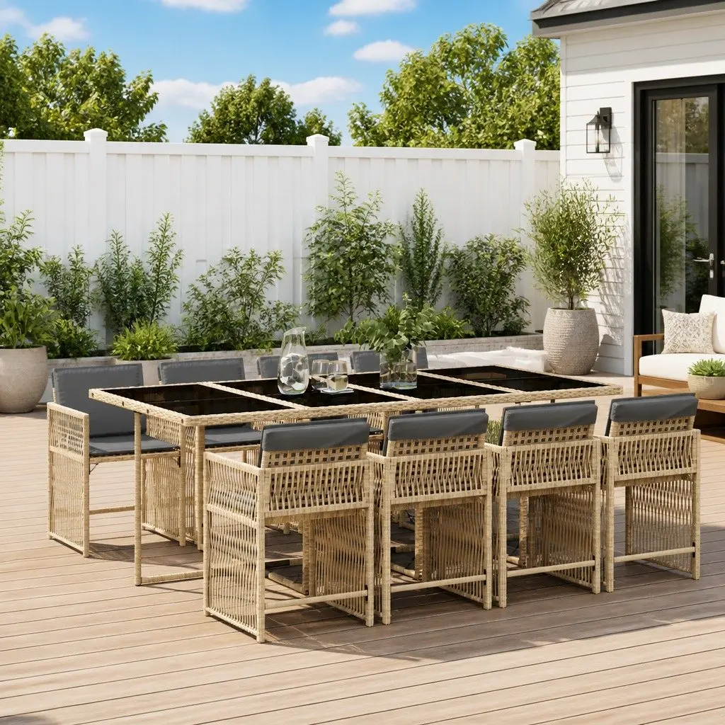 9 Piece Outdoor Dining Set Garden Patio Furniture Beige Poly Rattan with