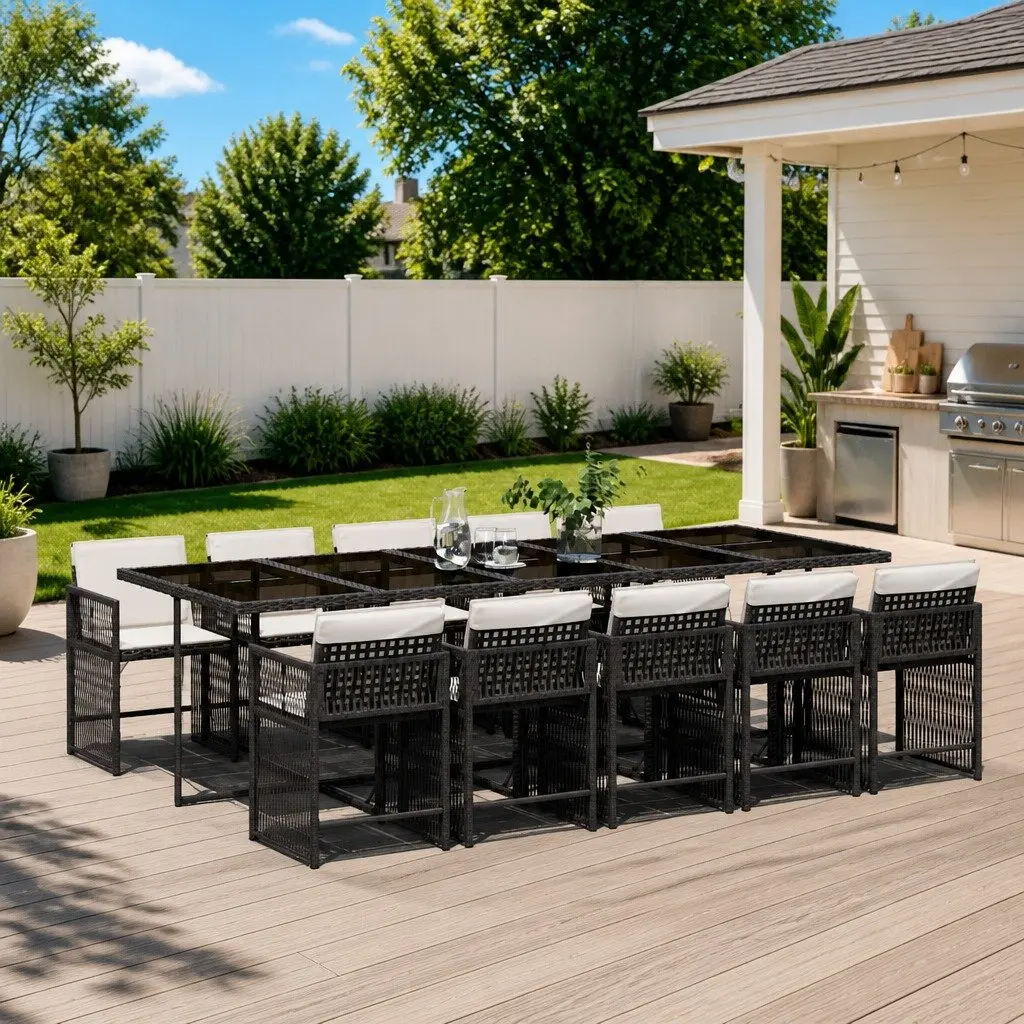 Outdoor Garden Dining Set 11 Piece Black Poly Rattan Chairs Table Cushions