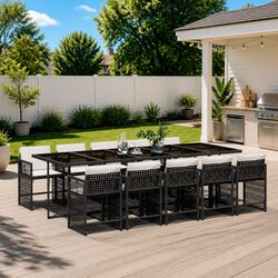 Outdoor Garden Dining Set 11 Piece Black Poly Rattan Chairs Table Cushions