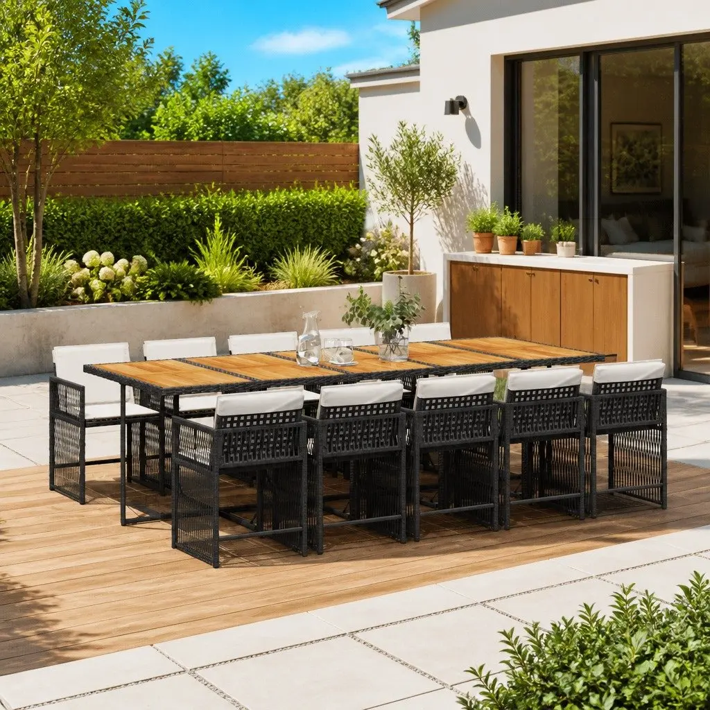 11 Piece Black Poly Rattan Outdoor Dining Set with Cushioned Chairs and Acacia Table