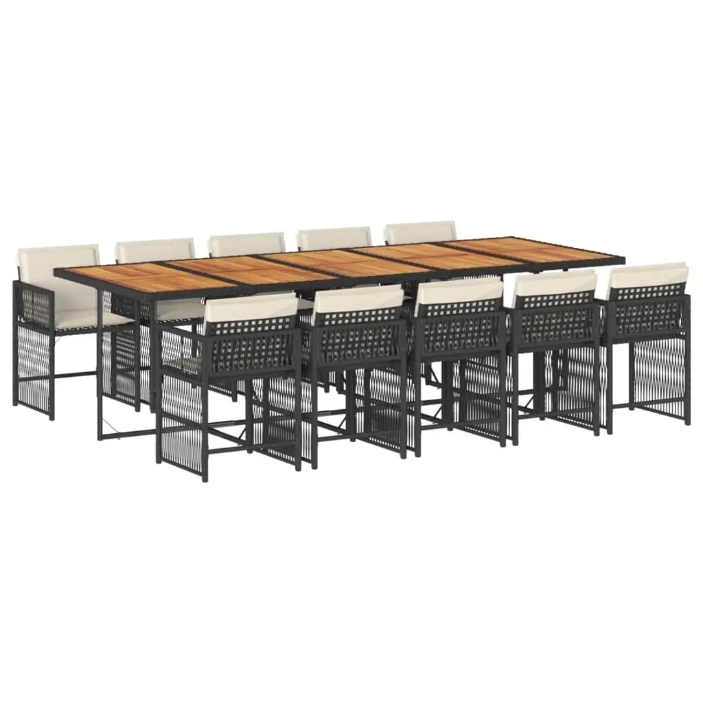 11 Piece Black Poly Rattan Outdoor Dining Set with Cushioned Chairs and Acacia Table