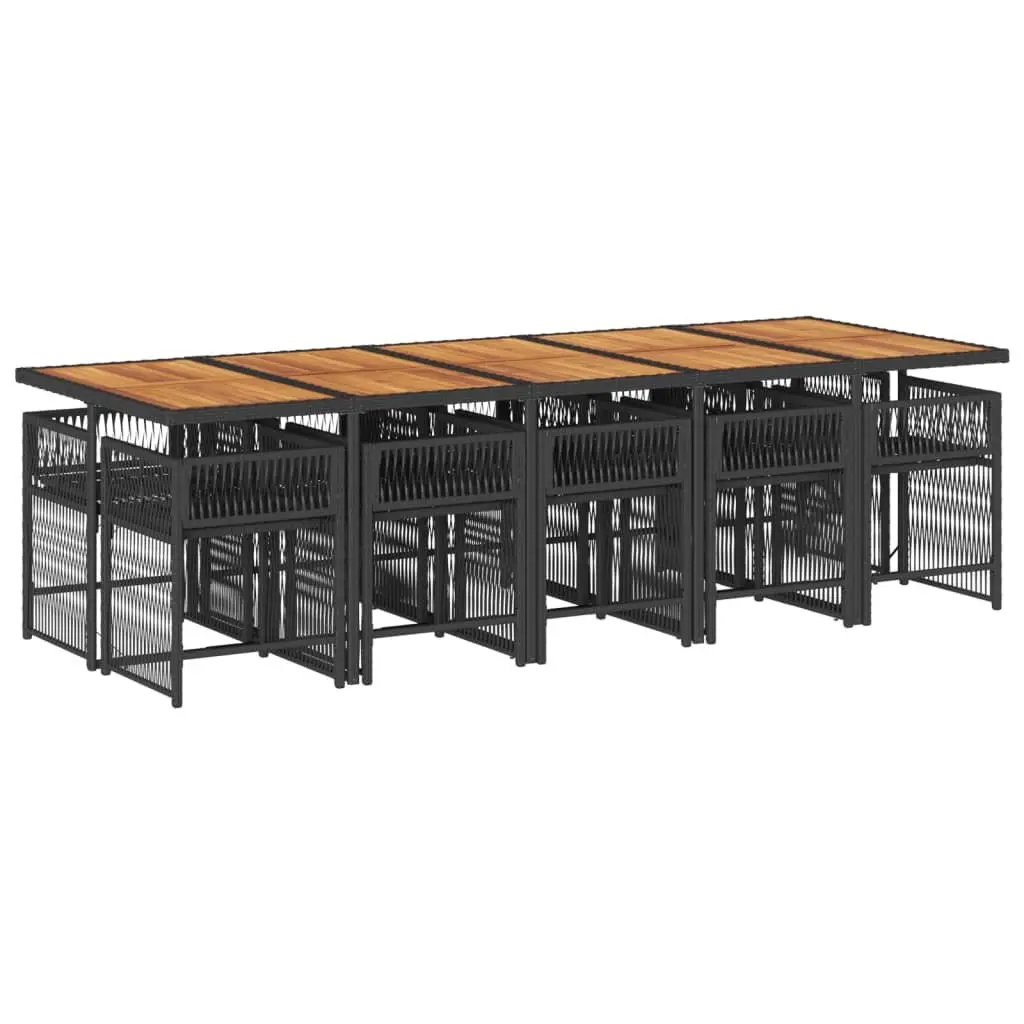 11 Piece Black Poly Rattan Outdoor Dining Set with Cushioned Chairs and Acacia Table
