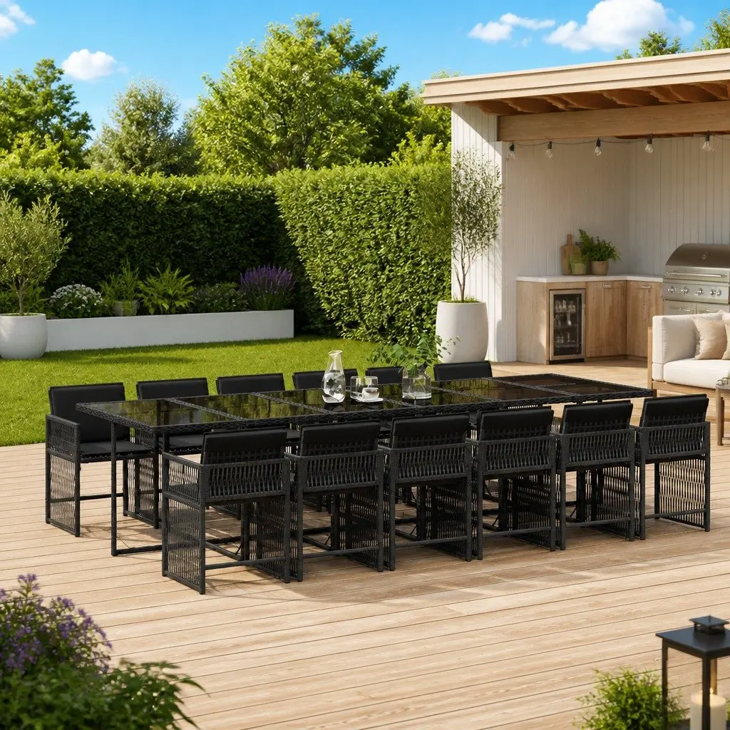 13-Piece Black Garden Dining Set with Cushions