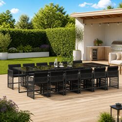 Outdoor Garden Dining Set 13 Piece Black Poly Rattan Chairs Table Cushions
