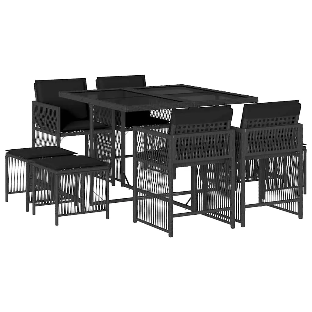 9 Piece Outdoor Garden Dining Set Black Poly Rattan Chairs Table with Cushions