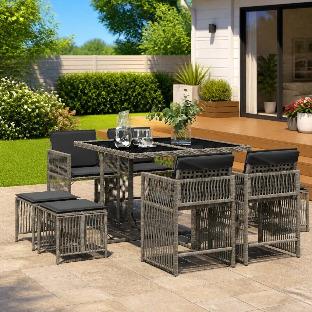 Outdoor Dining Set 9 Piece Poly Rattan Grey Patio Furniture with Cushions