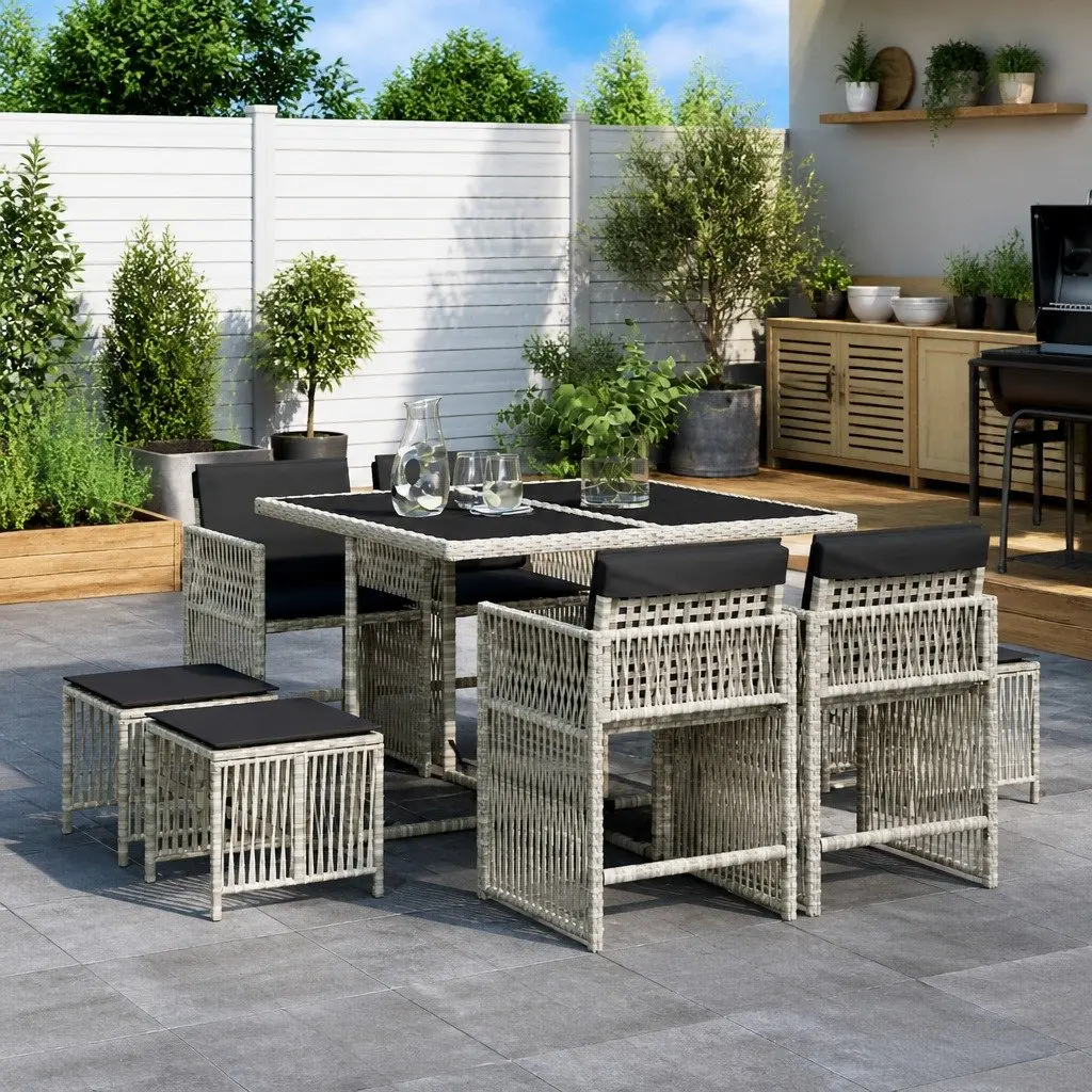 Garden Dining Set 9 Piece Outdoor Furniture Grey Poly Rattan Cushions Glass