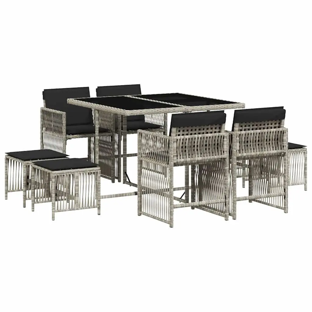 Garden Dining Set 9 Piece Outdoor Furniture Grey Poly Rattan Cushions Glass