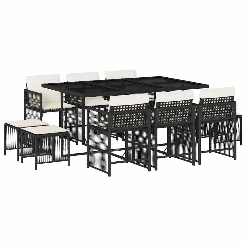 Outdoor Dining Set 11 Piece PE Rattan Garden Furniture Table with Tempered Glass Top and Folding Chairs with Cushions