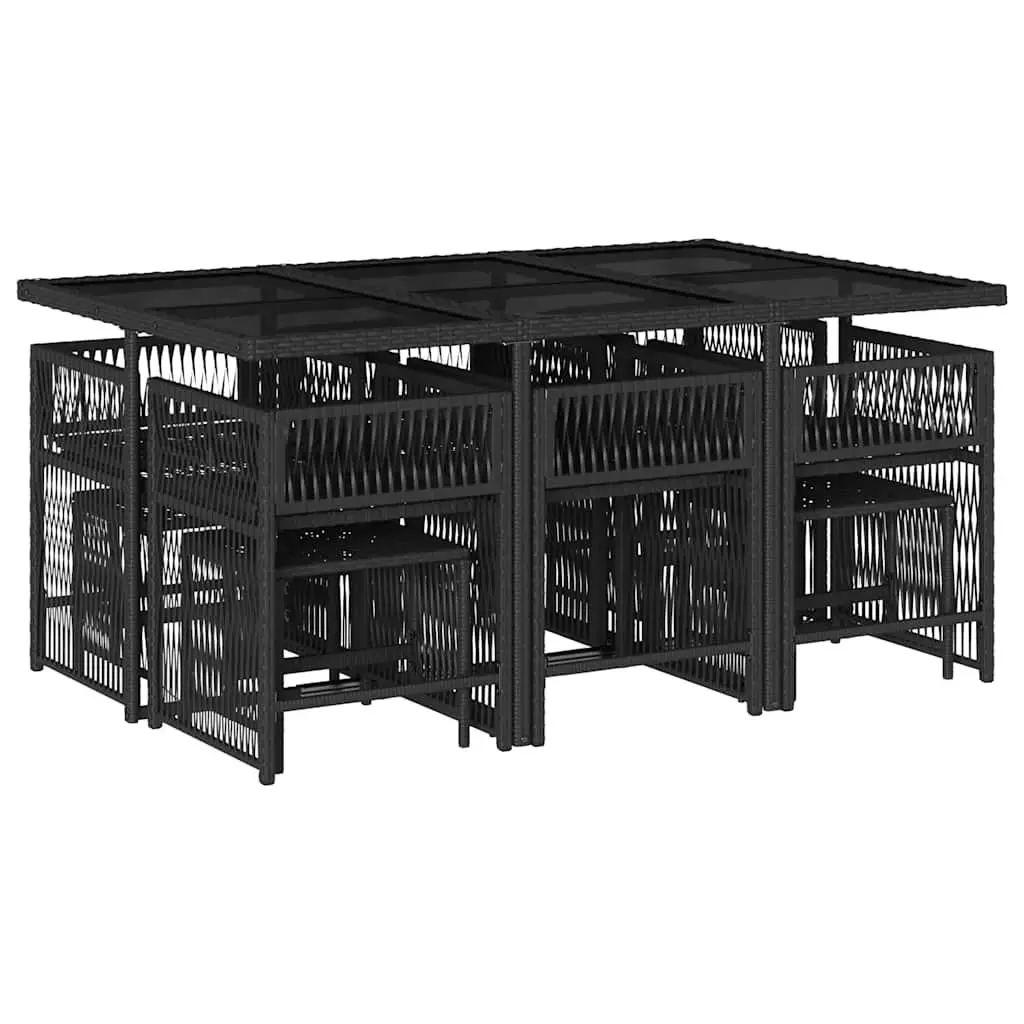 Outdoor Dining Set 11 Piece PE Rattan Garden Furniture Table with Tempered Glass Top and Folding Chairs with Cushions