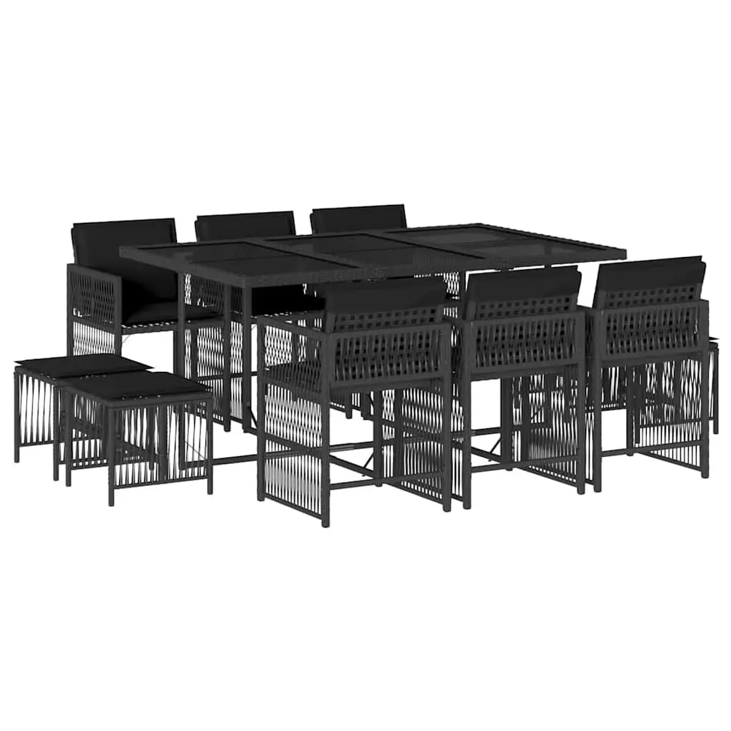 Outdoor Dining Set 11 Piece Black Poly Rattan Table with Cushions