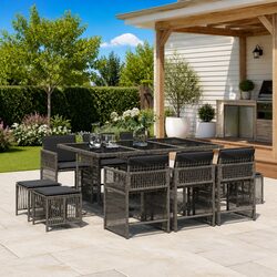 Garden Dining Set 11 Piece Outdoor Furniture Grey Poly Rattan Cushions Glass Top