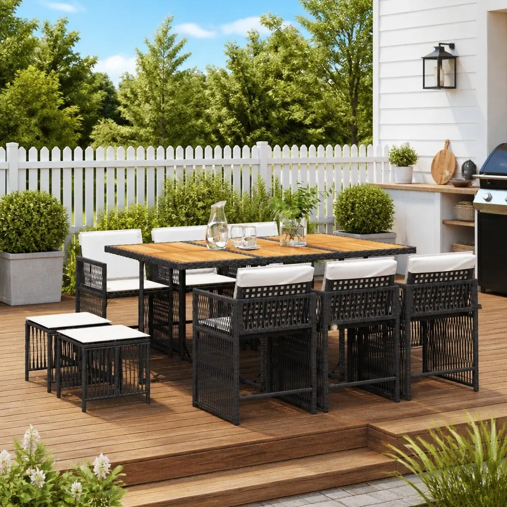 Garden Dining Set 11 Piece Outdoor Furniture PE Rattan Chairs Acacia Wood Table
