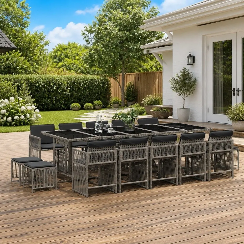 Garden Dining Set 15 Piece Outdoor Furniture Grey Poly Rattan Chairs Table