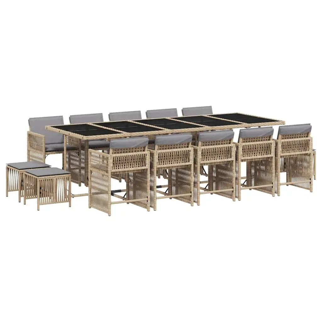 Outdoor Dining Furniture Set 15 Pieces Beige PE Rattan with Cushions and Tempered Glass Tabletop