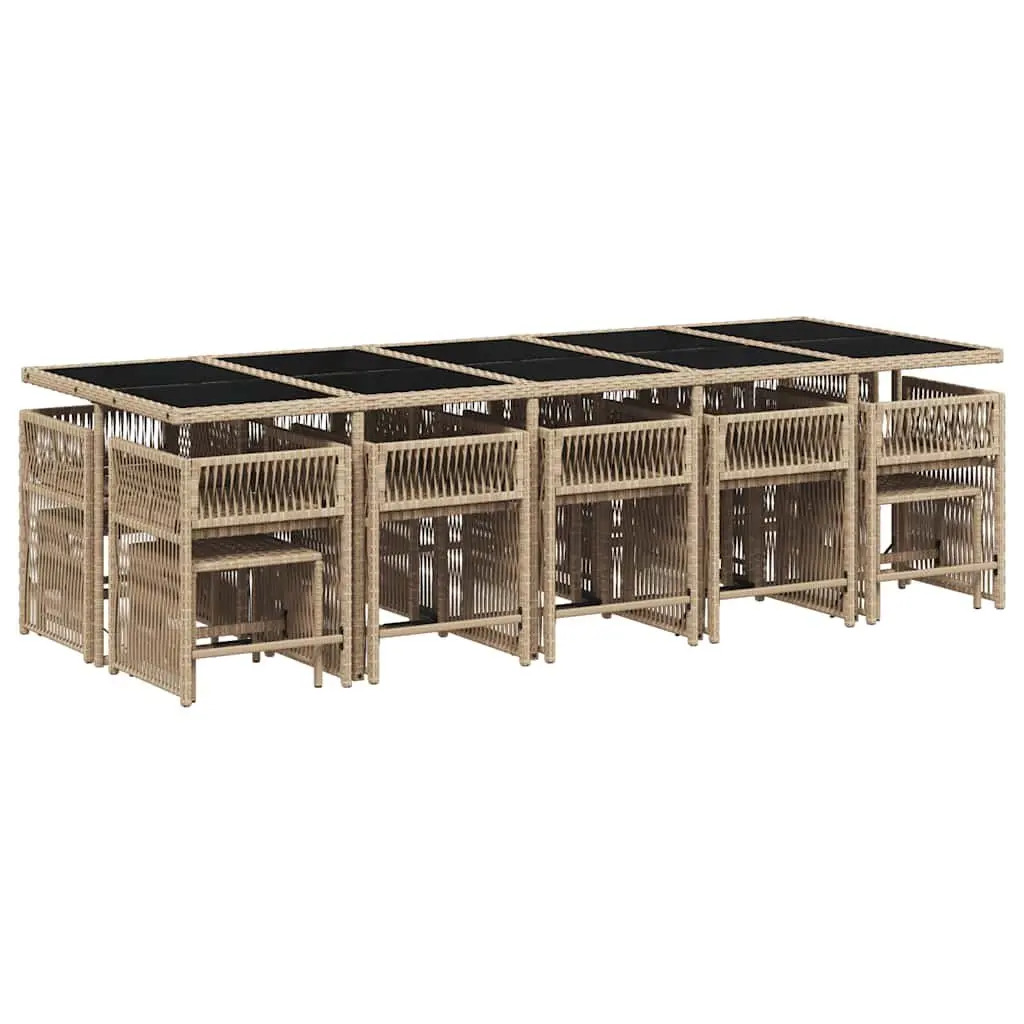 Outdoor Dining Furniture Set 15 Pieces Beige PE Rattan with Cushions and Tempered Glass Tabletop
