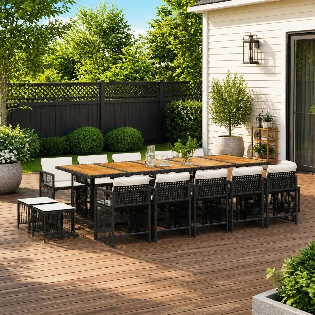15 Piece Garden Dining Set Outdoor Use Black PE Rattan Table with Foldable Chairs and Cushions