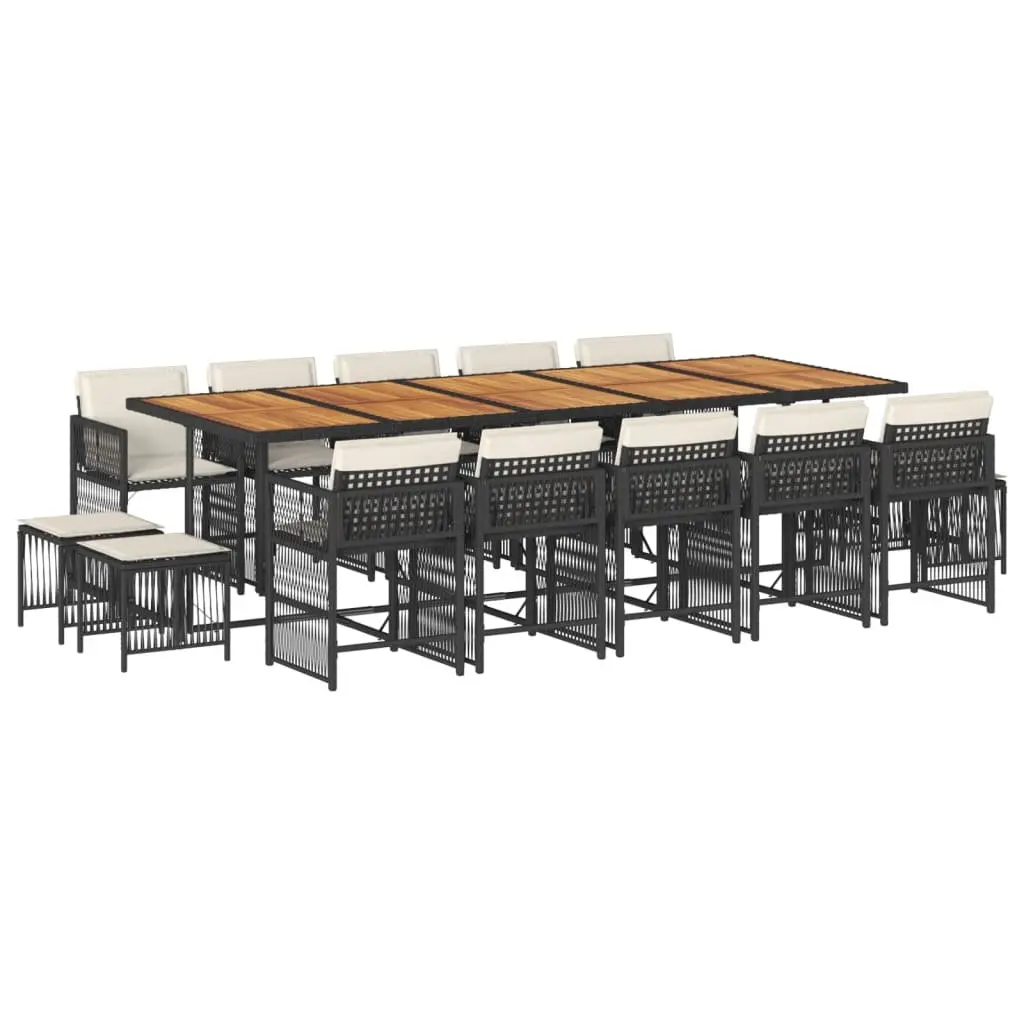 15 Piece Garden Dining Set Outdoor Use Black PE Rattan Table with Foldable Chairs and Cushions