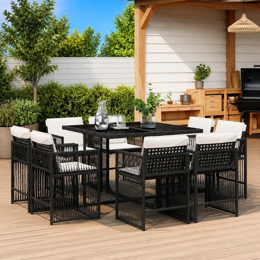 Outdoor Dining Set 9 Piece Space Saving Black Poly Rattan Chairs with Glass Table