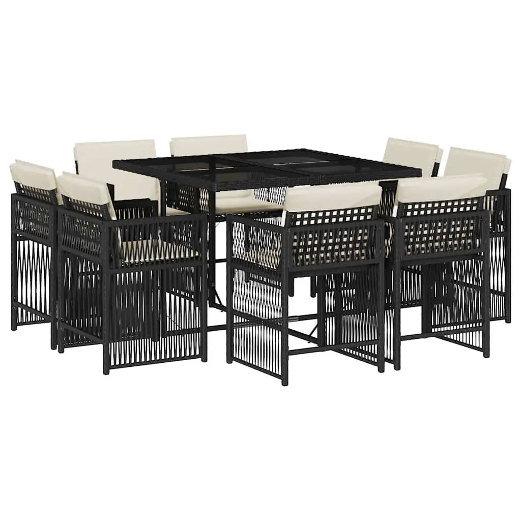 Outdoor Dining Set 9 Piece Space Saving Black Poly Rattan Chairs with Glass Table
