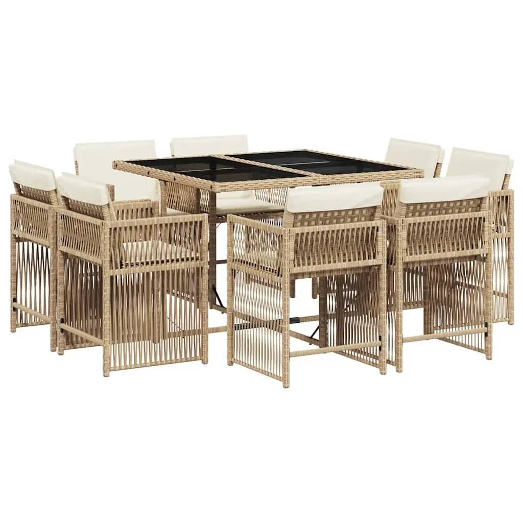 Garden Dining Set Outdoor Furniture Beige Poly Rattan 9 Piece with Cushions and Tempered Glass Table