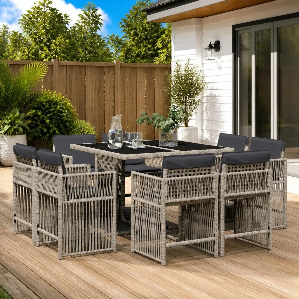 Outdoor Dining Set 9 Piece Poly Rattan Garden Furniture with Cushions and Tempered Glass Table