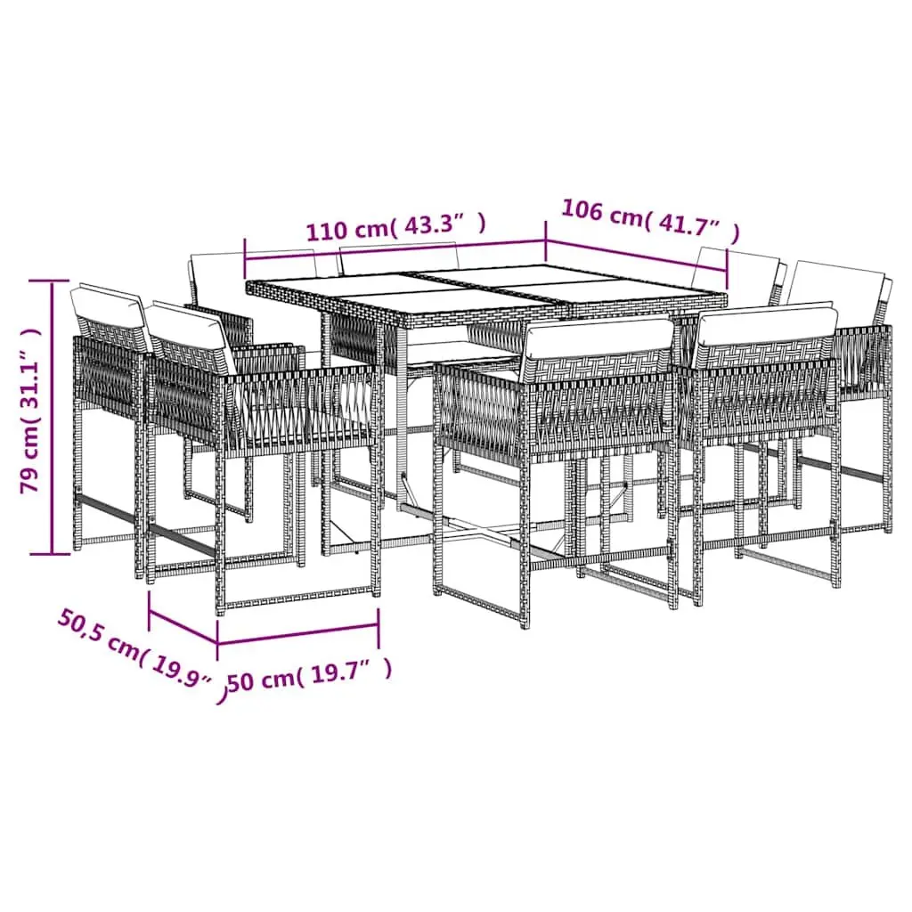 Outdoor Dining Set 9 Piece Poly Rattan Garden Furniture with Cushions and Tempered Glass Table
