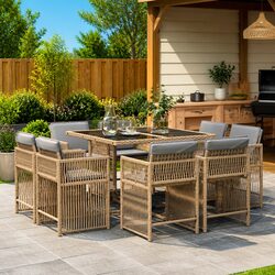 9 Piece Outdoor Garden Dining Set Beige Poly Rattan Chairs Table Cushions Patio
