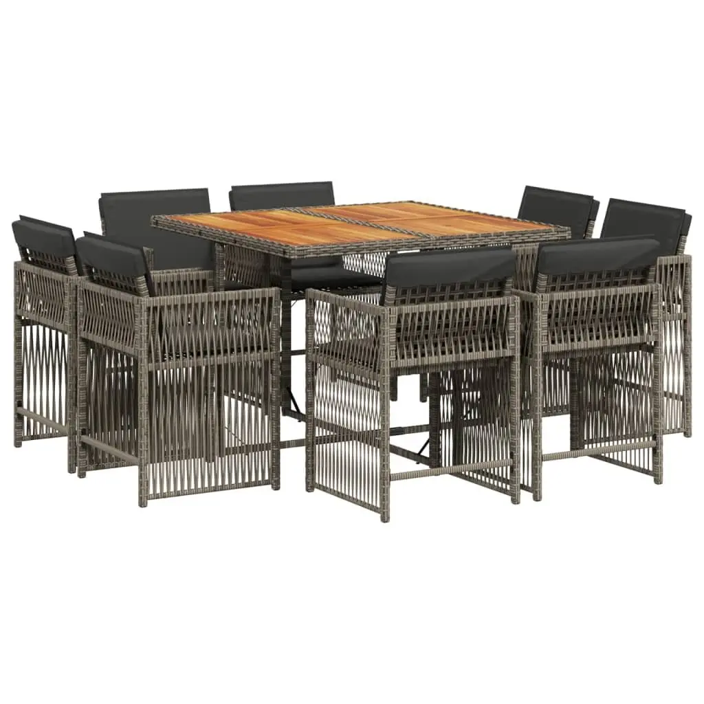 Outdoor Dining Set 9 Piece Space-Saving Grey PE Rattan Chairs Acacia Table