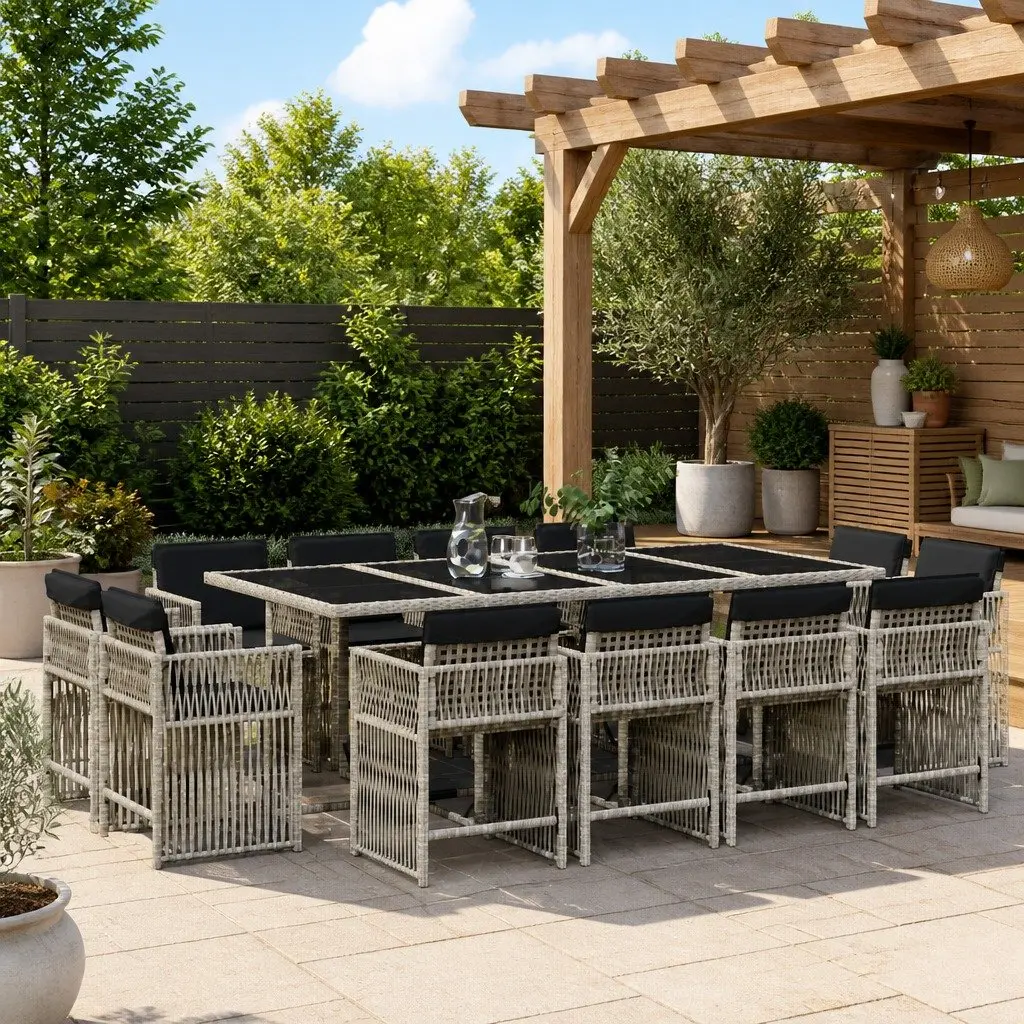 Outdoor Furniture Set 13 Piece Grey Poly Rattan Dining with Cushions for Patio Garden