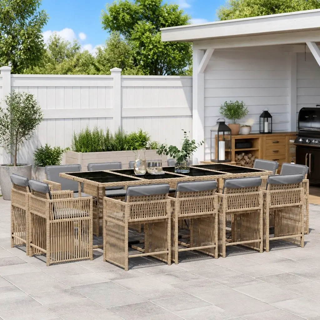 13 Piece Garden Dining Set Beige Poly Rattan Outdoor Patio Furniture with Foldable Chair Backrests and Tempered Glass Tabletop