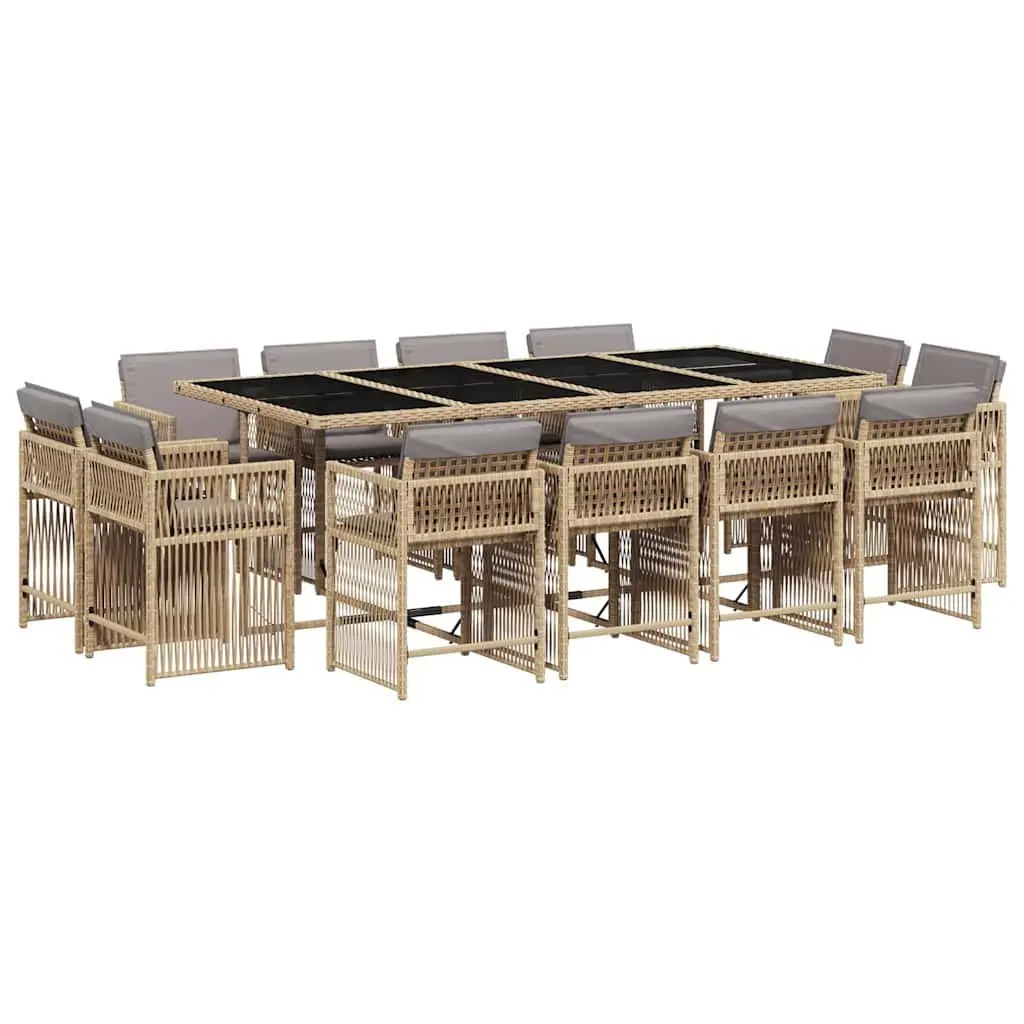 13 Piece Garden Dining Set Beige Poly Rattan Outdoor Patio Furniture with Foldable Chair Backrests and Tempered Glass Tabletop