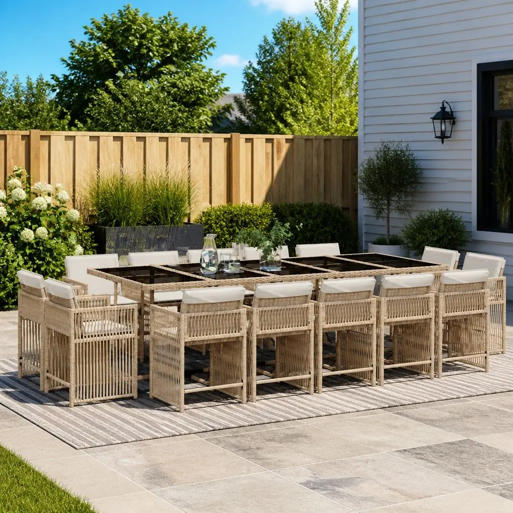 Outdoor Garden Dining Set 15 Piece Beige Poly Rattan Patio Furniture with Cushions