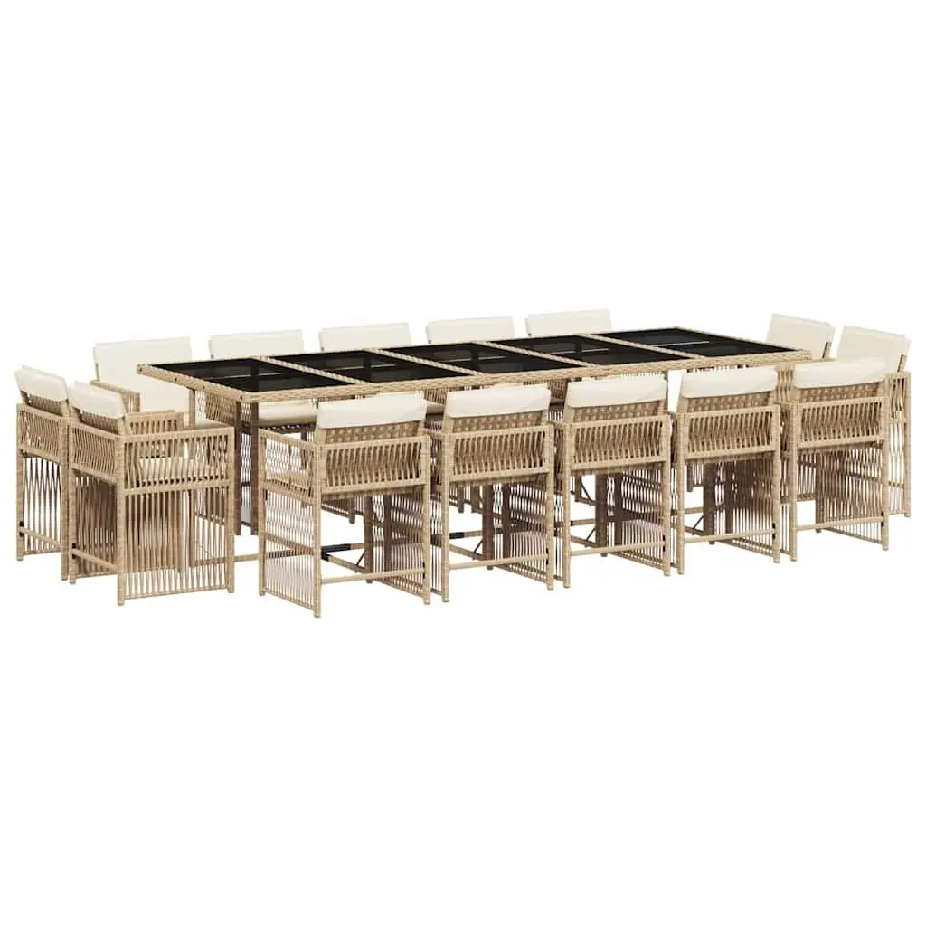 Outdoor Garden Dining Set 15 Piece Beige Poly Rattan Patio Furniture with Cushions
