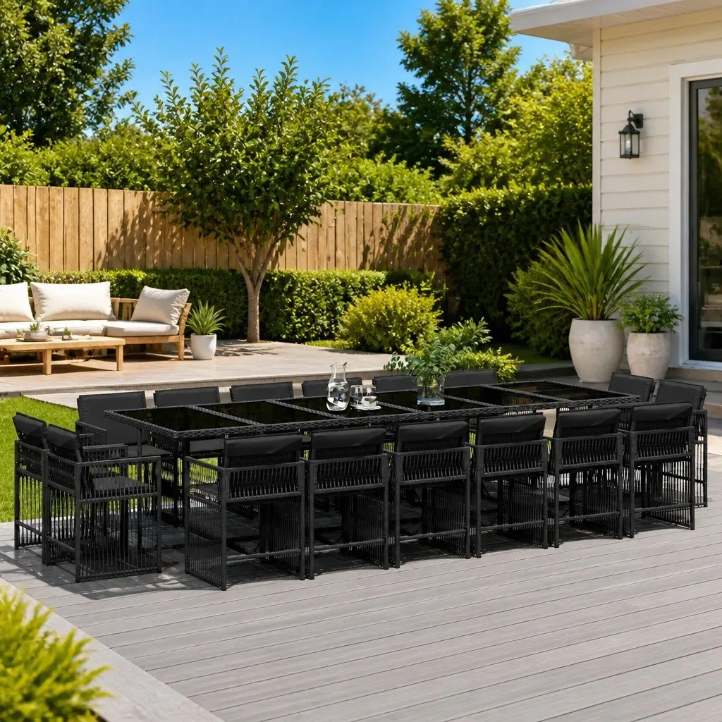 Garden Dining Set Black Rattan 17 Piece Outdoor Furniture with Cushions