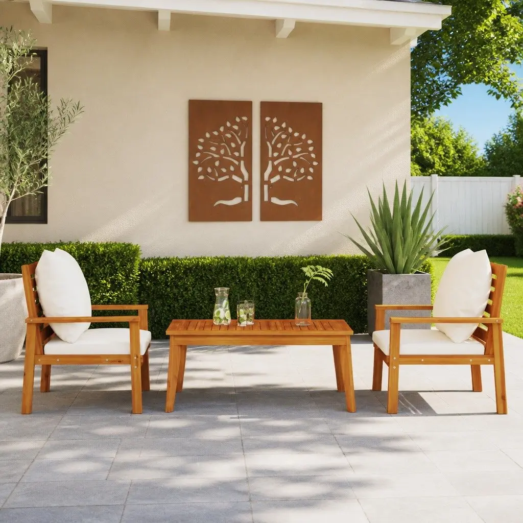 3 Piece Garden Lounge Set Solid Acacia Wood with Cushions Brown Outdoor Patio