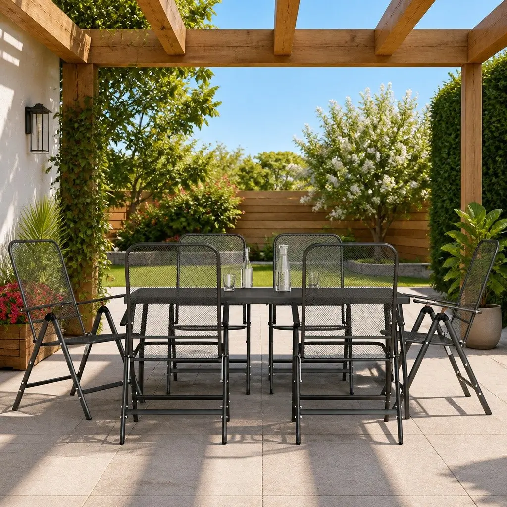 Garden Dining Set Metal Mesh Anthracite 7 Piece Foldable Outdoor Furniture