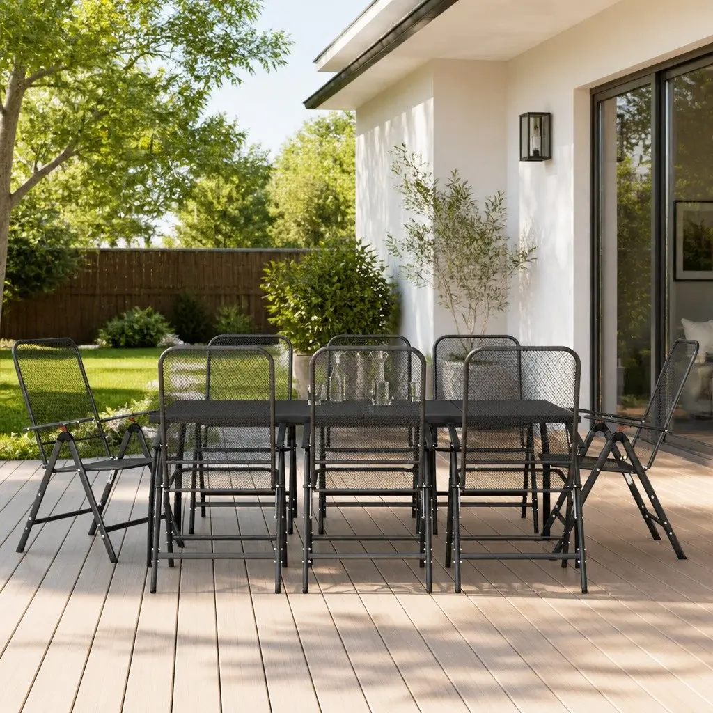 Outdoor Furniture Set 9 Piece Metal Mesh Garden Dining Table and Foldable Chairs Anthracite