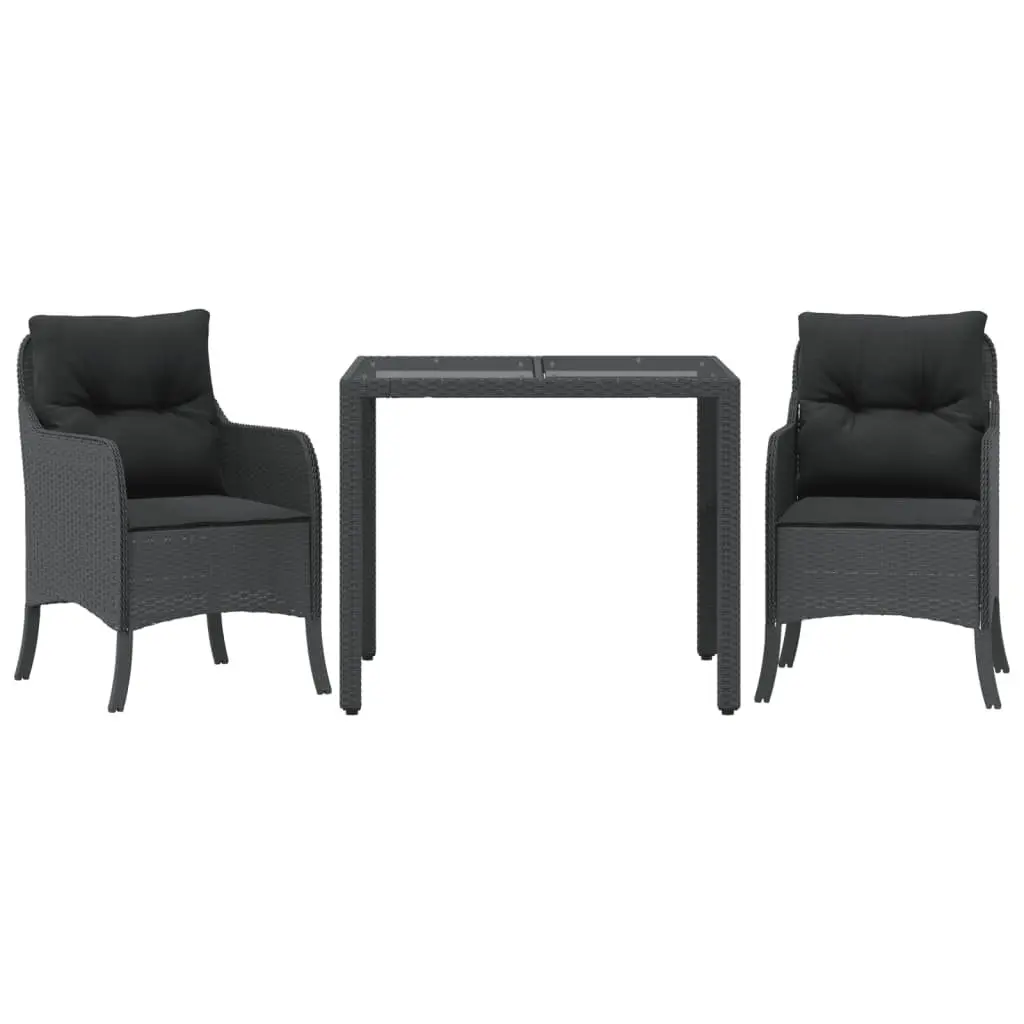 Outdoor Dining Set Black Poly Rattan 3 Piece with Cushions