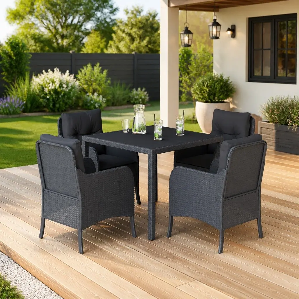 Outdoor Dining Set Black Poly Rattan 5 Piece with Cushions