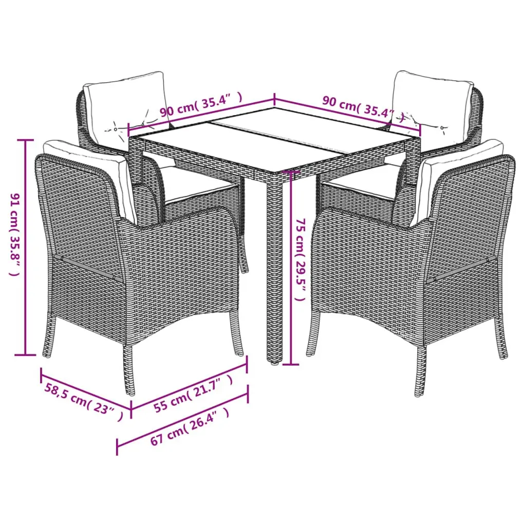 Outdoor Dining Set Black Poly Rattan 5 Piece with Cushions
