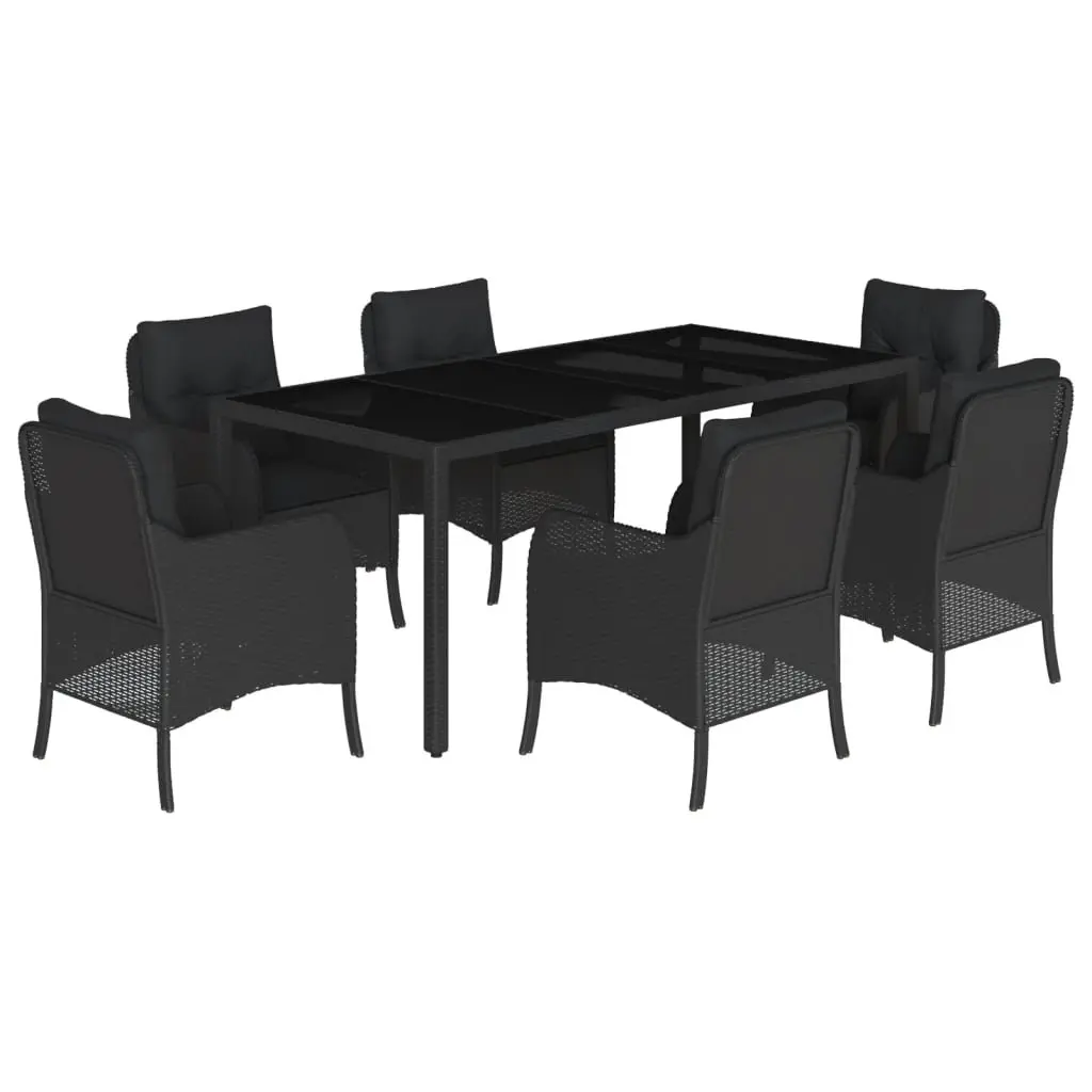 Outdoor Garden Dining Set 7 Piece Black Poly Rattan Patio Furniture with Tempered Glass Tabletop and Padded Cushions