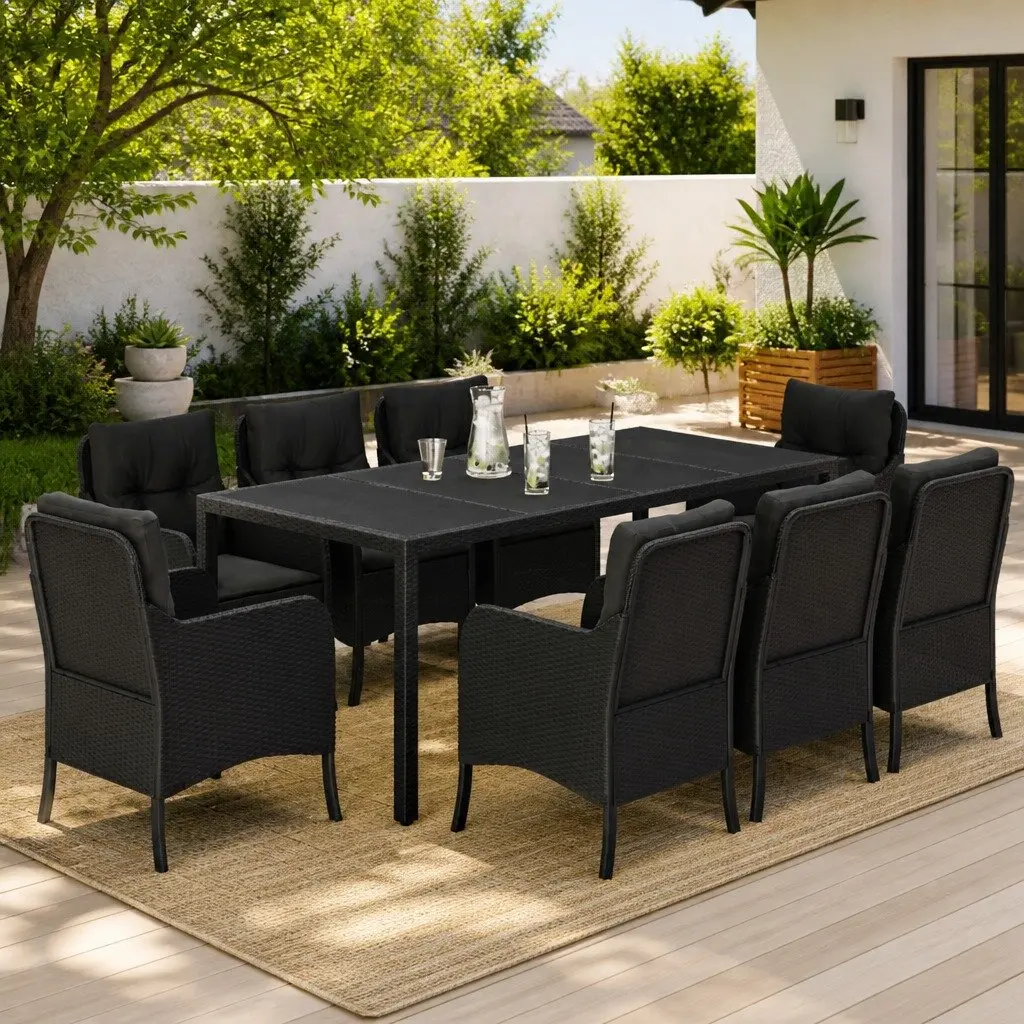 9 Piece Patio Furniture Set Black Weather Resistant Poly Rattan Dining Set with Cushions