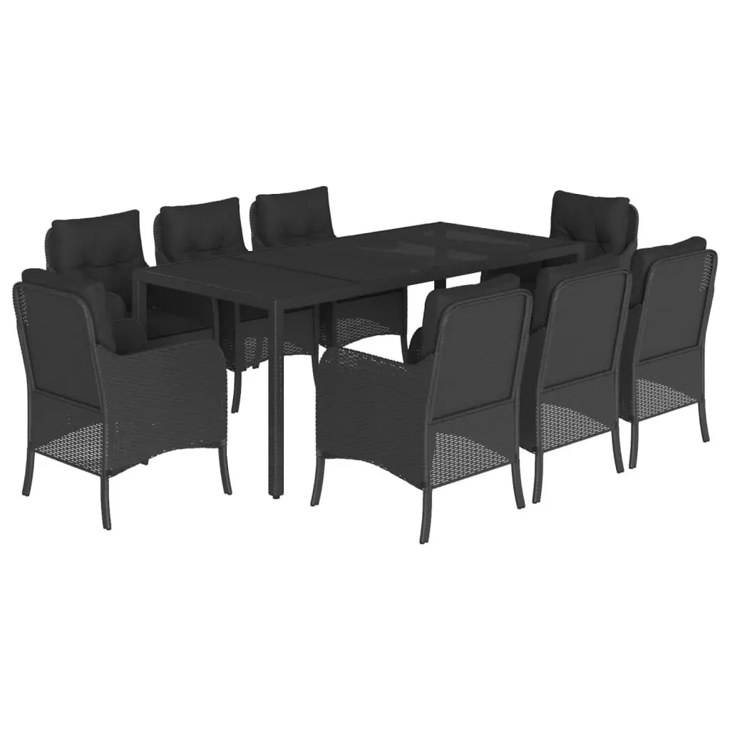 9 Piece Patio Furniture Set Black Weather Resistant Poly Rattan Dining Set with Cushions