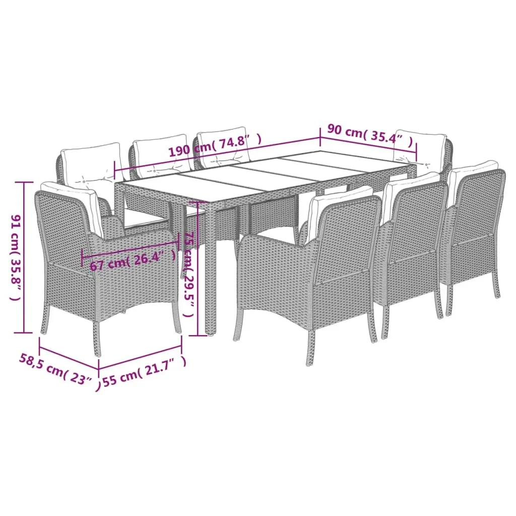 9 Piece Patio Furniture Set Black Weather Resistant Poly Rattan Dining Set with Cushions