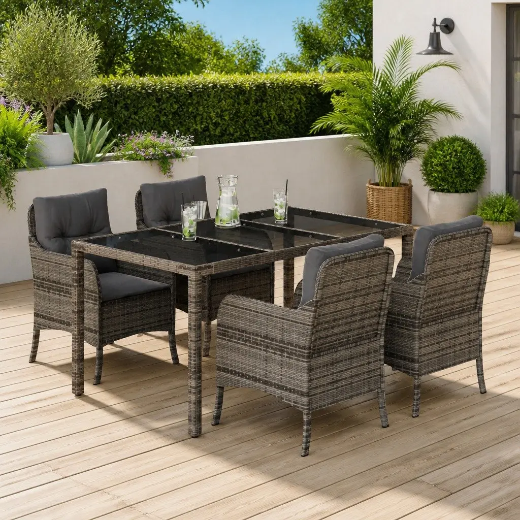 Garden Dining Set Grey 5 Piece Poly Rattan Patio Furniture with Cushions