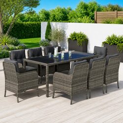 Outdoor Dining Set 9 Piece Grey Poly Rattan Garden Furniture with Cushions