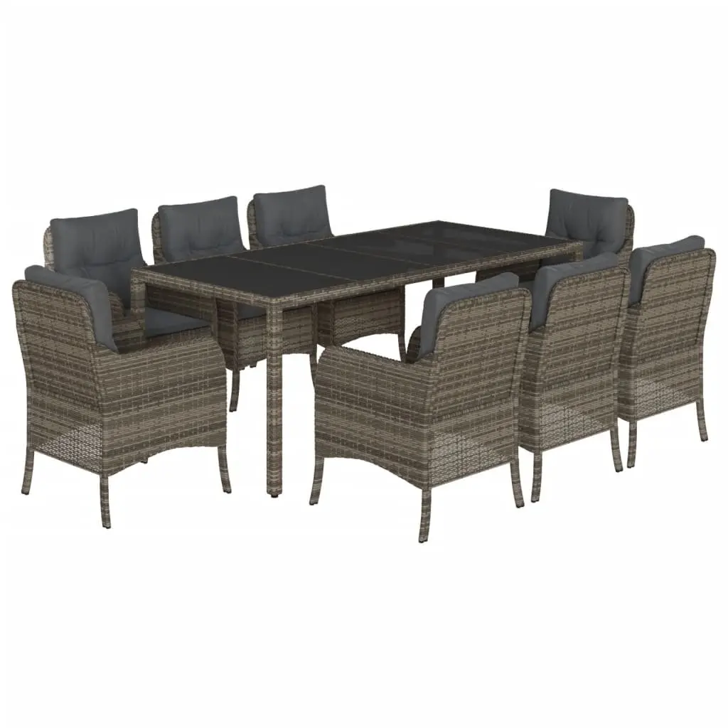 9 Piece Grey Garden Furniture Dining Set with Cushions and Tempered Glass Tabletop Poly Rattan Outdoor Seating