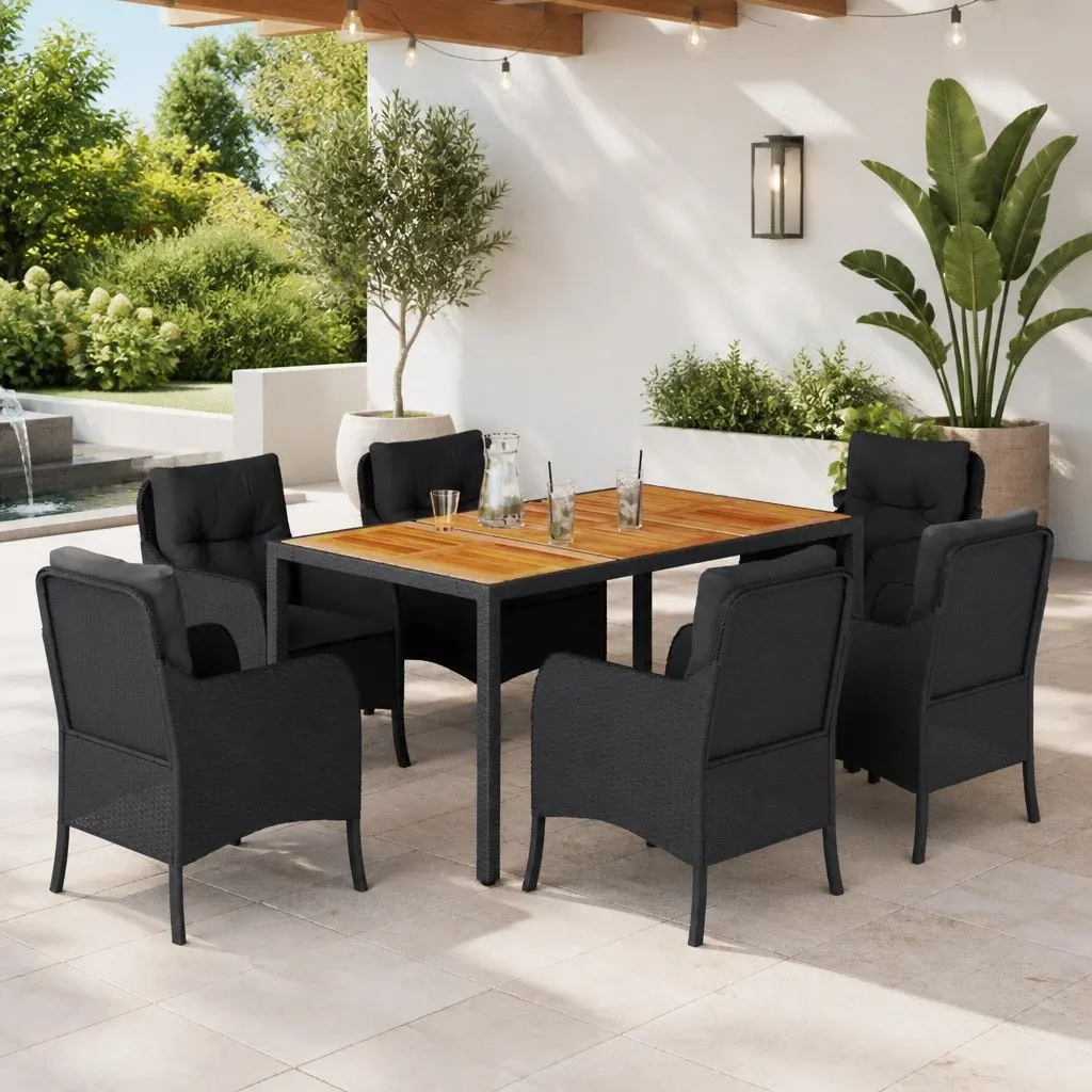 Outdoor Dining Set 7 Piece Black Poly Rattan with Cushions